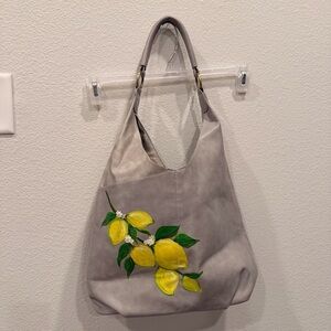 Handpainted grey Tote Bag with Yellow Lemon Design